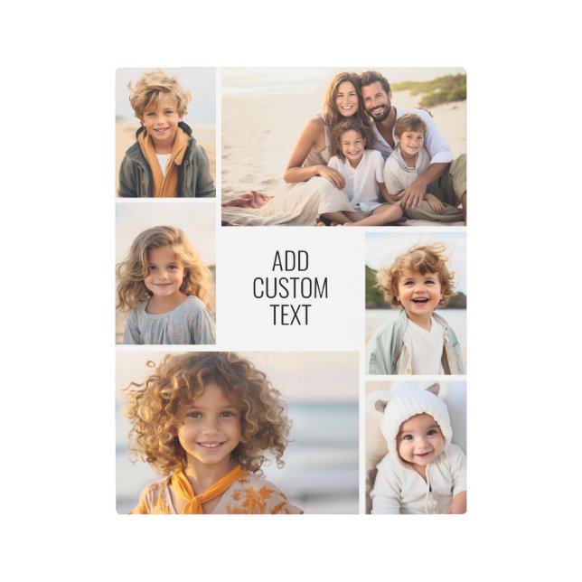 6 photo collage - white background - black text metal print (Front)