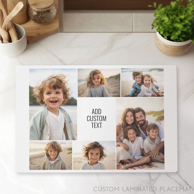 6 photo collage - white background - black text placemat (Custom Placemat with Photo Collage)