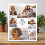 6 photo collage - white background - black text postcard<br><div class="desc">6 photos in an uneven pattern surround an opening for three lines of text. Use 2 square cropped photos and 4 vertical photos to make this work!
The background is white. If you want to change the colors,  click on the advanced design area and see more choices.</div>