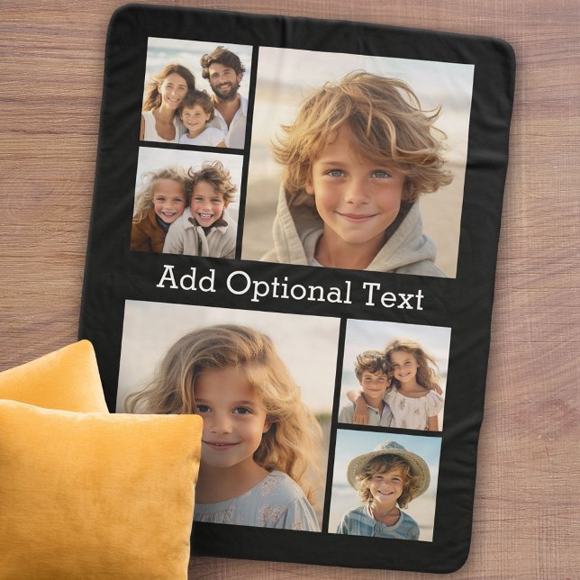 6 Photo Collage White Text -- Black Background Sherpa Blanket (Personalized sherpa blanket with 6 photos and custom text)