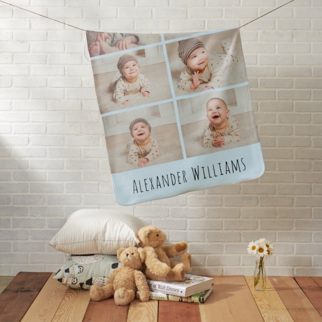 6 Photo Collage with Baby Name Blue Baby Blanket (In Situ)
