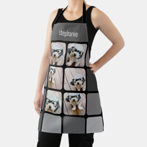 6 Photo Collage with Grey Black and simple Name Apron
