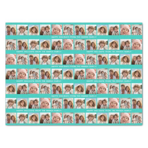 6 Photo Collage with Happy Holiday Text Aqua Teal Tissue Paper
