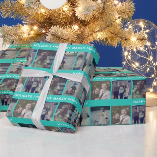 6 Photo Collage with Happy Holiday Text Aqua Teal Wrapping Paper