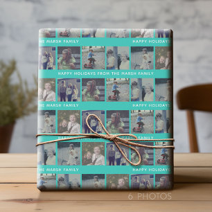 6 Photo Collage with Happy Holiday Text Aqua Teal Wrapping Paper