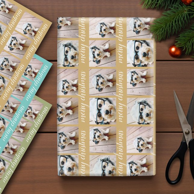 6 photo collage with Merry Christmas Script Wrapping Paper Sheets (Photo Wrapping Paper - Holiday and Christmas Theme)