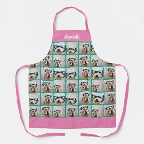 6 Photo Collage with Retro Pink Teal Script Name Apron