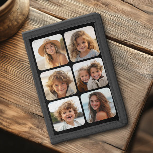 6 Photo Collage with Rounded Corners on black Tri-fold Wallet