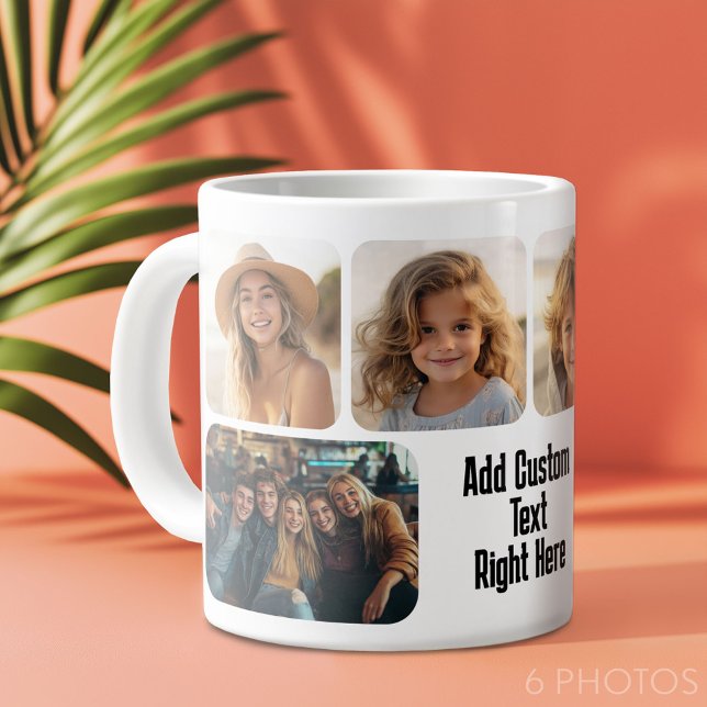 6 Photo Collage with text block - black and white Giant Coffee Mug (Custom Photo Collage Mug)