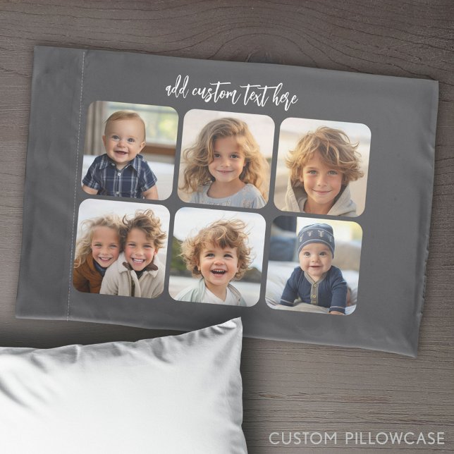 6 Photo Collage with trendy bounce script - gray Pillow Case (Create Your Own Photo Collage Pillowcase)