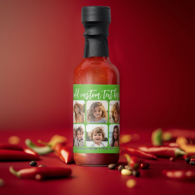 6 Photo Collage with trendy bounce script - green Hot Sauces (Personalized Hot Sauce Bottle with a Photo Collage)