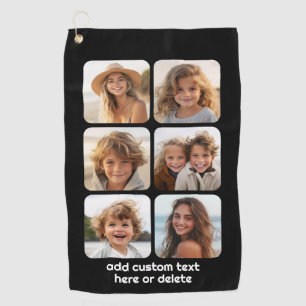 6 Photo Collage with white text on black Golf Towel