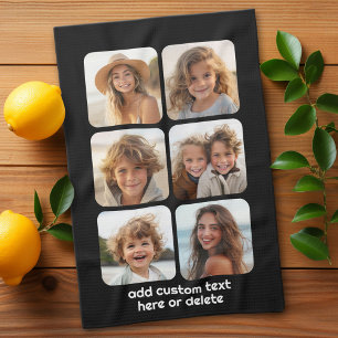 6 Photo Collage with white text on black Kitchen Towel