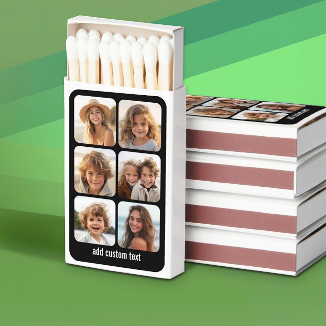 6 Photo Collage with white text on black Matchboxes (Custom Photo Matchbox with Matches)