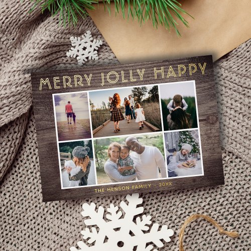 6 Photo Collage Wood Merry Jolly Happy Christmas  Foil Holiday Card