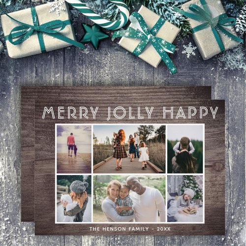 6 Photo Collage Wood Merry Jolly Happy Christmas Holiday Card