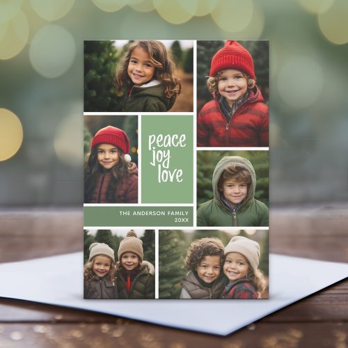 6 Photo Color Block Peace Love Joy Green Holiday Card