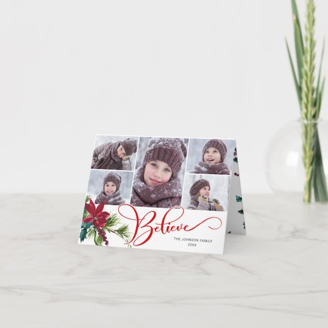 6 Photo Elegant Poinsettia Christmas BELIEVE Holiday Card (Front)