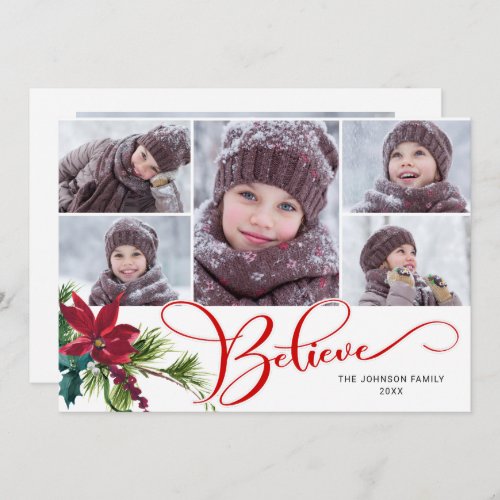 6 Photo Elegant Poinsettia Christmas BELIEVE Holiday Card