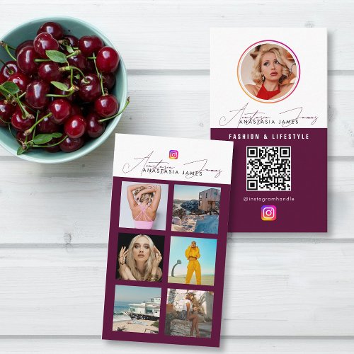 6 Photo Feed Grid Social Media QR Code Burgundy Business Card