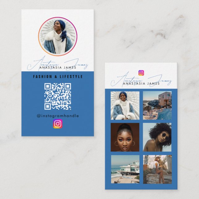 6 Photo Feed Grid Social Media QR Code  Business Card (Front/Back)