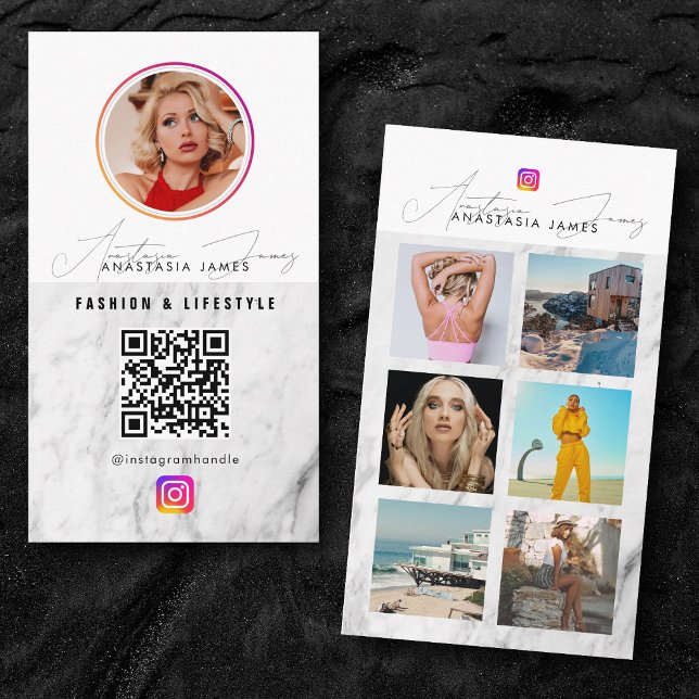 6 Photo Feed Grid Social Media QR Code Marble Business Card (6 Photo Feed Grid Social Media QR Code Marble Business Card)
