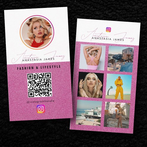 6 Photo Feed Grid Social Media QR Code Pink  Business Card