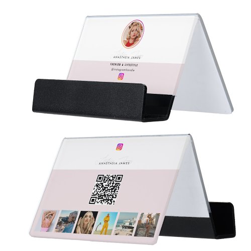 6 Photo Feed Grid Social Media QR Code Pink Desk Business Card Holder