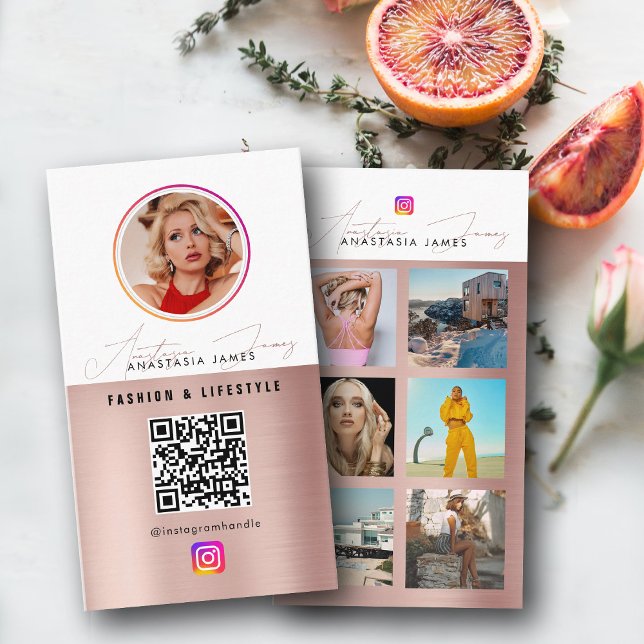 6 Photo Feed Grid Social Media QR Code Rose Gold Business Card (6 Photo Feed Grid Social Media QR Code Rose Gold Business Card)