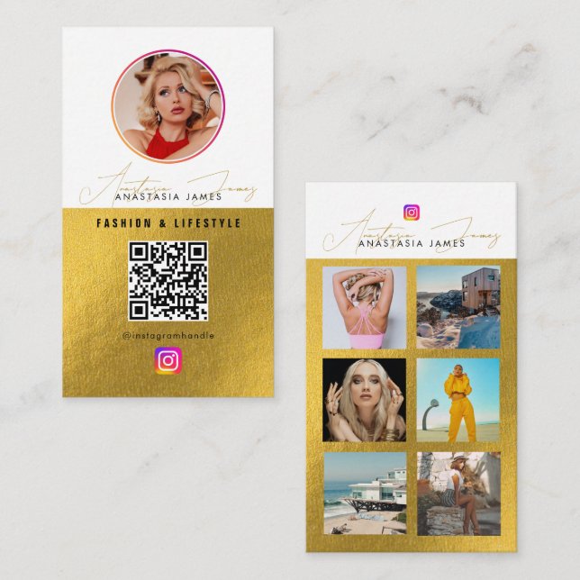 6 Photo Feed Grid Social Media QR Code White Gold Business Card (Front/Back)