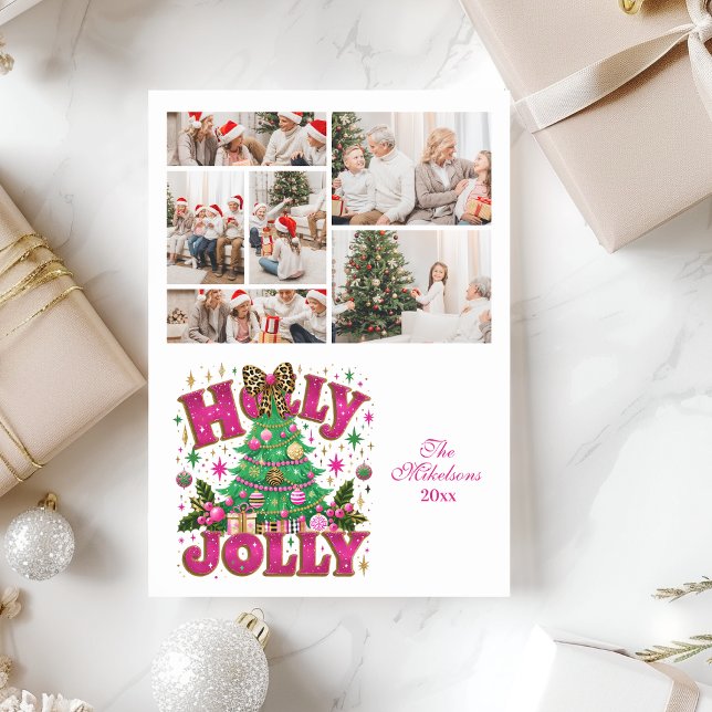 6 Photo Glitter Leopard Bow Holly Jolly Holiday Card (Creator Uploaded)