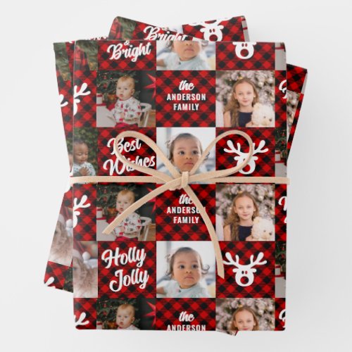 6 Photo Grandchildren Red Buffalo Plaid Christmas  Wrapping Paper Sheets