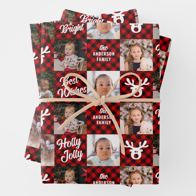 6 Photo Grandchildren Red Buffalo Plaid Christmas  Wrapping Paper Sheets (In situ)