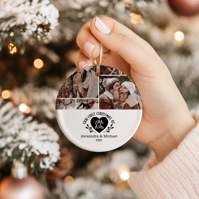 6 Photo Heart First Christmas as Mr & Mrs Ceramic Ornament (Creator Uploaded)