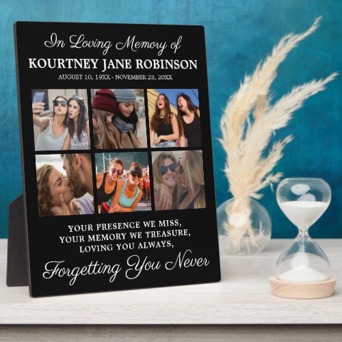 6 Photo In Loving Memory Plaque - Personalized photo memorial plaque featuring 6 precious pictures of your lost loved one, the text "in loving memory", their name, birth/death dates, and the remembrance saying "your presence we miss, your memory we treasure, loving you always, forgetting you never".