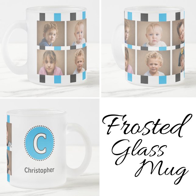 6 photo initial name black blue frosted glass coffee mug (Creator Uploaded)