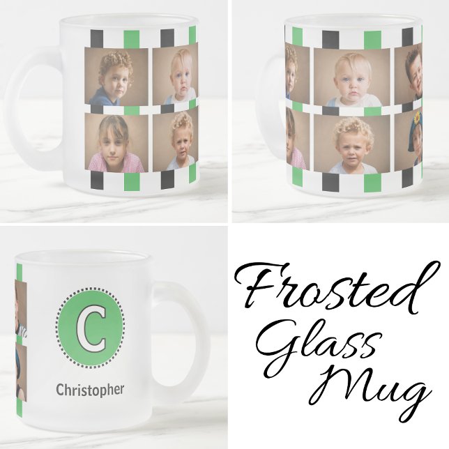 6 photo initial name black green frosted glass coffee mug (Creator Uploaded)