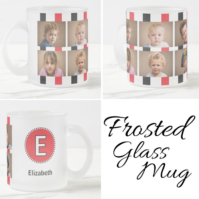 6 photo initial name black red frosted glass coffee mug (Creator Uploaded)