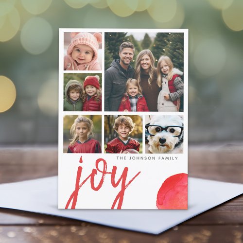 6 Photo Joy Merry Christmas Minimal Watercolor red Holiday Card
