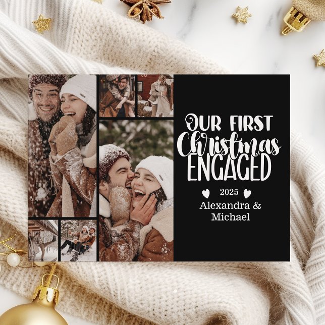 6 Photo Minimalist First Christmas Engaged Holiday Card (Creator Uploaded)