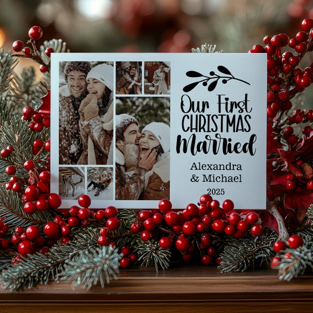 6 Photo Minimialist Our First Christmas Married Holiday Card (Creator Uploaded)