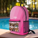 6 Photo - Name and Title Calligraphy Retro Stripe Printed Backpack<br><div class="desc">An organic abstract line art with pink and mauve colors. The modern design highlights a place for a name and 6 photos. A simple template with areas to add a name and other text. A retro stripe background for a girly,  pink design.</div>