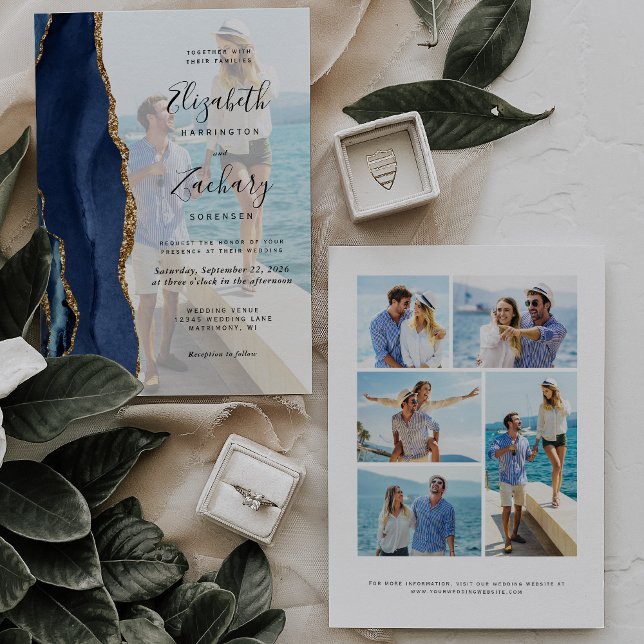 6-Photo Navy Blue Gold Agate Wedding Invitation (Creator Uploaded)