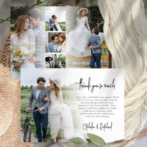 6 Photo Newlyweds Script Boho Wedding Thank You Card