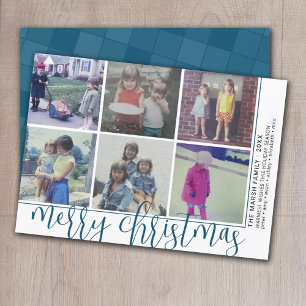 6 Photo Offset - Script Merry Christmas - Blue Holiday Card