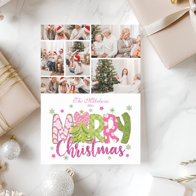 6 Photo Pink Green Bow Tree Merry Christmas Holiday Card (Creator Uploaded)