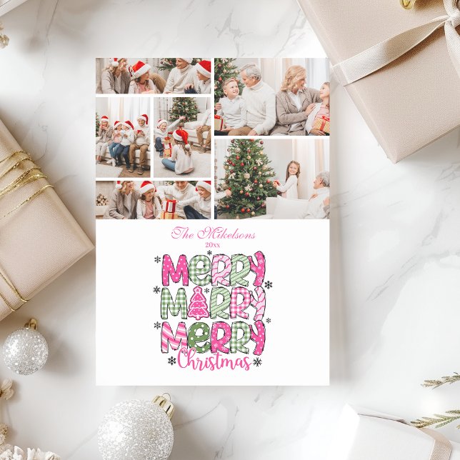 6 Photo Pink Green Merry Christmas Holiday Card (Creator Uploaded)
