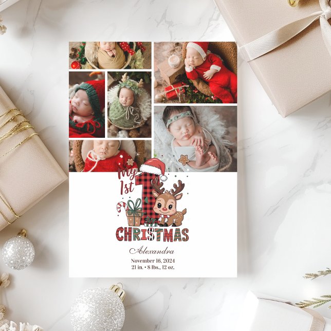 6 Photo Plaid Reindeer First Christmas Holiday Card (Creator Uploaded)