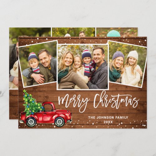 6 PHOTO Retro Christmas Red Truck Rustic Greeting Holiday Card