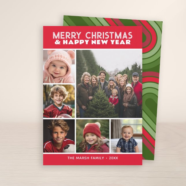 6 Photo Retro Stripe Christmas Red Peace and Love Holiday Card (7 Photo Collage with Retro Stripes - Online Christmas Card - Print and Download Options)